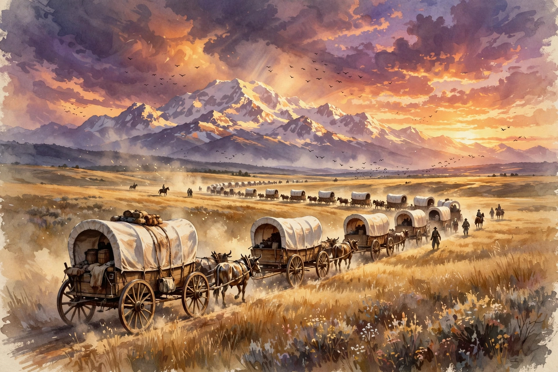 Wagon train at sunset heading for Pikes Peak, 1859